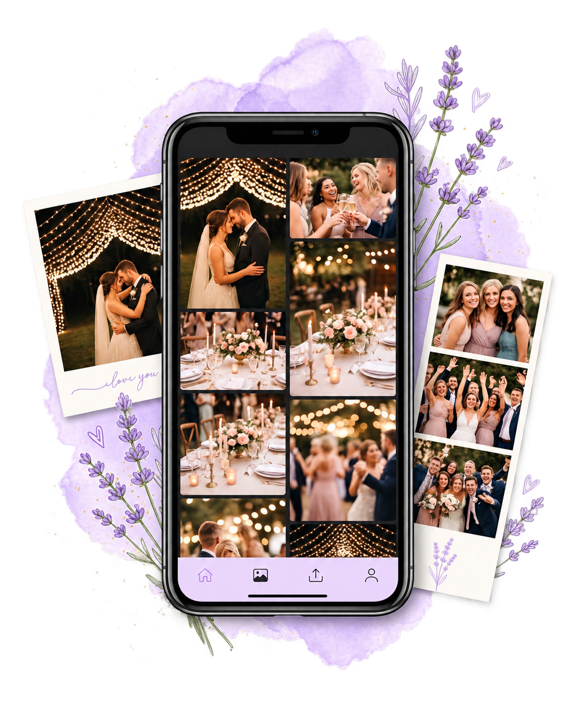 Celular exibindo uma galeria colaborativa de evento, com fotografias e lavandas